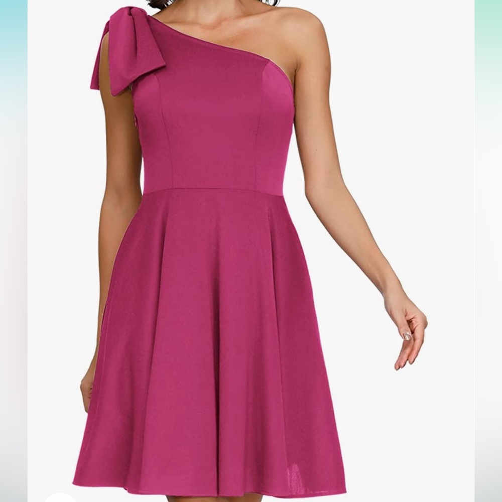 NEW One Shoulder Dress with Pockets A-line Cocktail Party Dress,Rose Red,Magenta